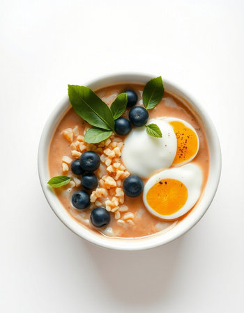 Bowl of porridge with blueberries and egg on white background