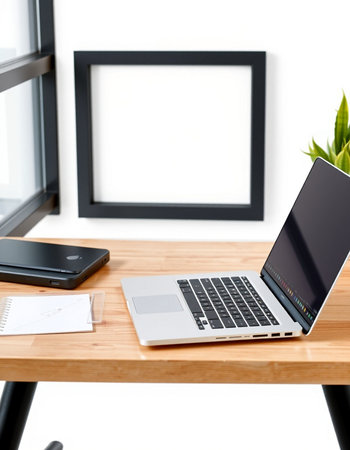 Laptop with blank screen on wood table in office, stock photoの写真素材