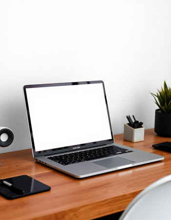 Mockup image of laptop with blank white screen on wooden table in modern office.の写真素材