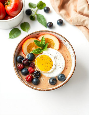 Healthy breakfast bowl with omelette and berries on white background