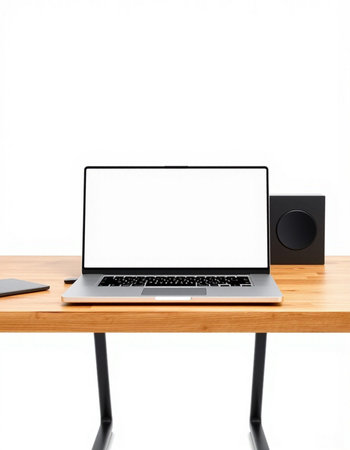Laptop computer on wooden desk isolated on white background with clipping path