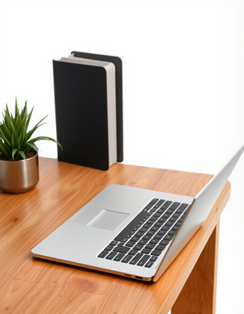 Laptop on a wooden desk with a book in the background.の写真素材