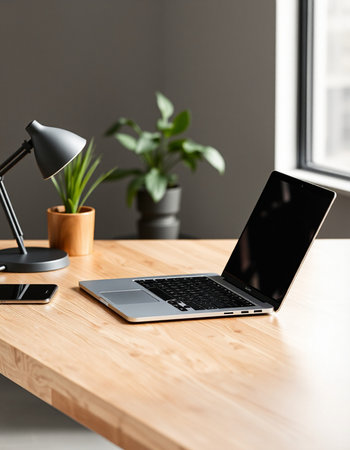 Workplace with laptop, smartphone and plant on wooden table in officeの写真素材