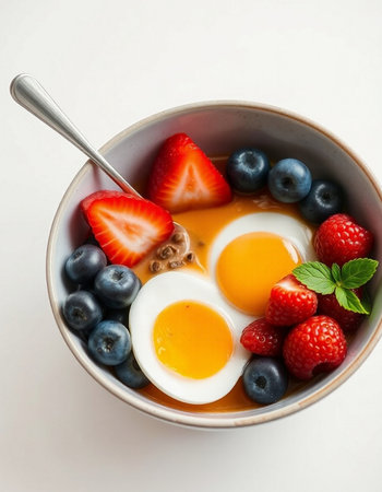 Healthy breakfast bowl with oatmeal, fresh berries and egg.