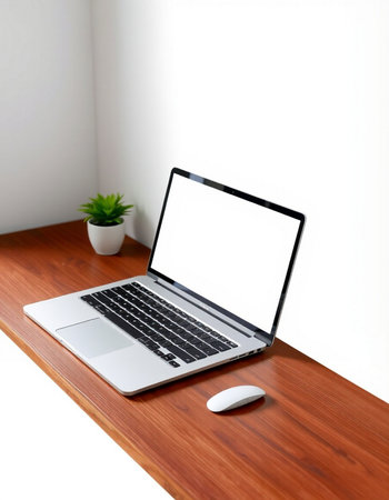 Laptop with blank screen on wooden table and white wall background.
