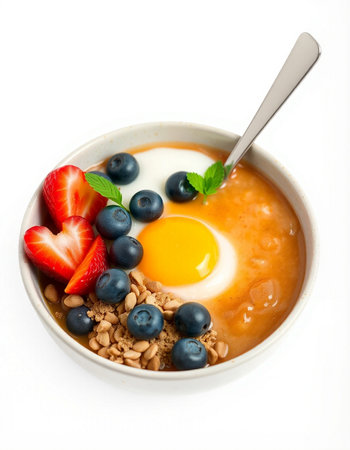 Healthy breakfast with oatmeal, berries and egg on white backgroundの写真素材