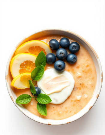 Oatmeal porridge with berries and yoghurt on white background
