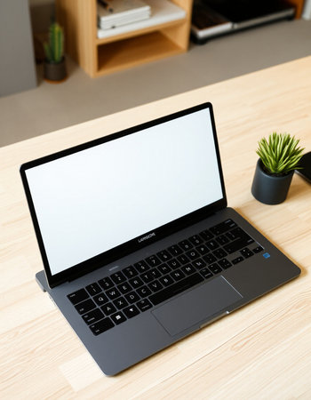 Laptop with blank screen on wooden table in office