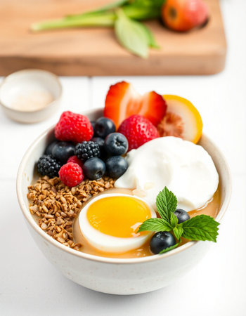 Healthy breakfast bowl with yogurt, berries and egg on white backgroundの写真素材