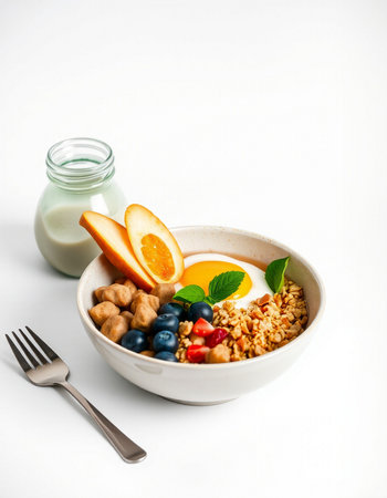 Healthy breakfast with oatmeal, fruits, nuts and milk on white background