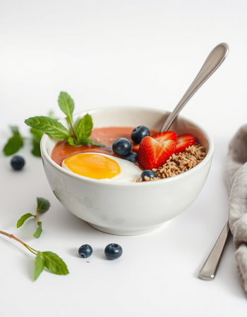 Healthy breakfast bowl with yogurt, berries and egg on white backgroundの写真素材