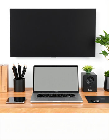 Laptop with blank screen and stationery on wooden table in room
