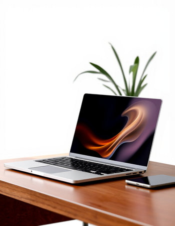 Laptop on a wooden table with a plant on a white background