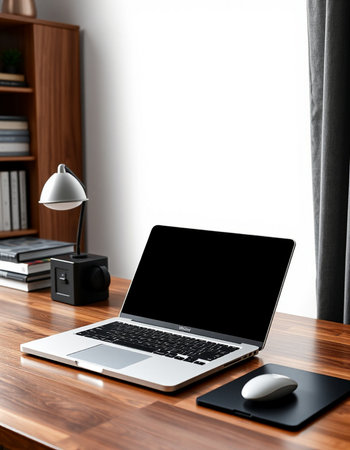 Laptop with blank screen on wooden table in office, 3d render