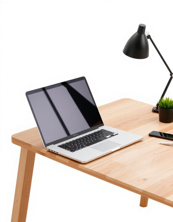 Modern wooden office desk with laptop, lamp and coffee cup. 3d renderの写真素材