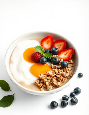 Healthy breakfast with yogurt, berries and granola on white background
