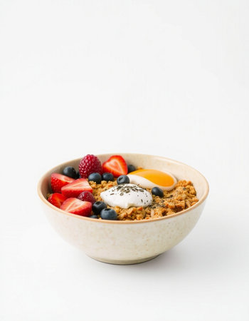 Healthy breakfast bowl with oatmeal, berries and yoghurtの写真素材