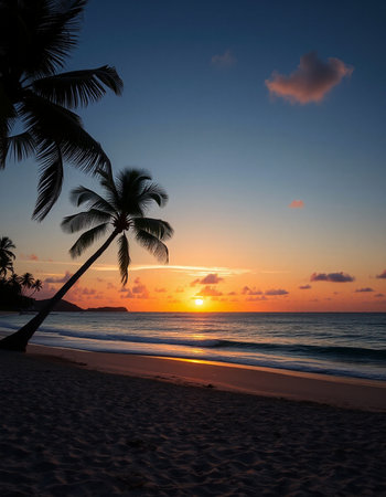 Tropical beach with palm trees at sunset, Seychellesの写真素材