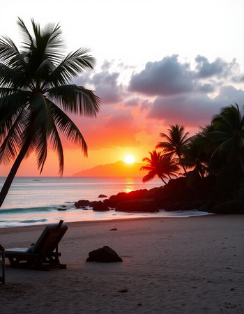 Beautiful sunset on the beach with palm trees and loungerの写真素材