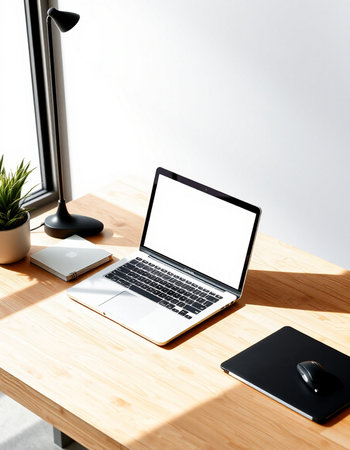 Modern workspace with laptop, computer mouse and notebook on wooden table.の写真素材