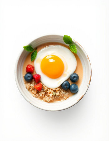 Breakfast bowl with oatmeal, berries and egg on white backgroundの写真素材