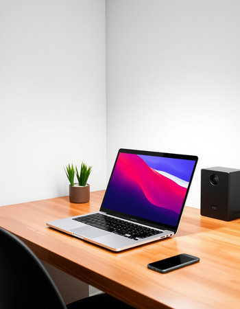 Laptop on wooden desk in front of white wall. 3d rendering.