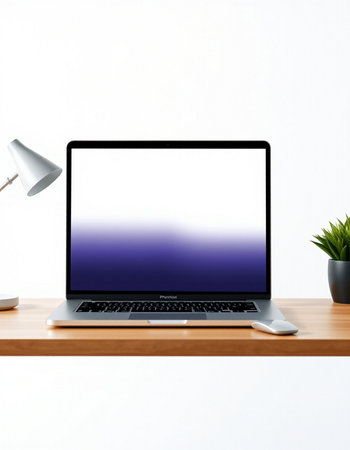 Modern workspace with blank screen laptop computer on wooden desk. 3d render