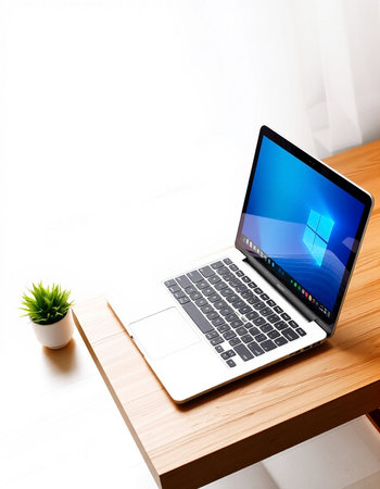 Laptop on a wooden table with a white wall and a plant