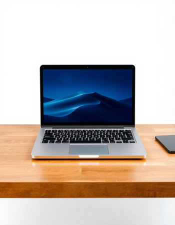 laptop on wood table isolated on white background with clipping path.