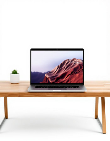Laptop on wooden table isolated on white background. 3d rendering.