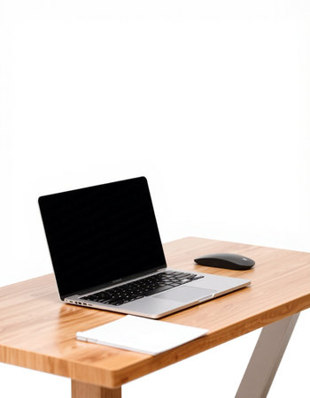 Laptop on wooden desk with white background, clipping path included.の写真素材