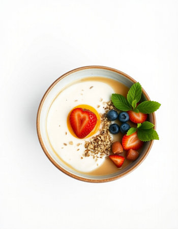 Yogurt with fresh strawberries and blueberries on a white backgroundの写真素材