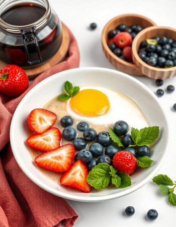 Healthy breakfast with oatmeal porridge with strawberry, blueberry and eggの写真素材
