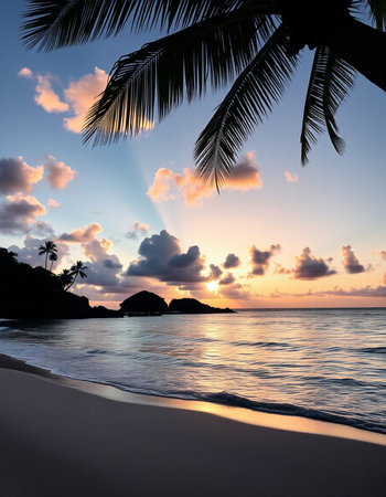 Beautiful sunset on the beach at Seychelles, Praslinの写真素材