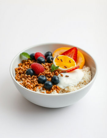 Bowl of oatmeal with fresh berries and yogurt on white background