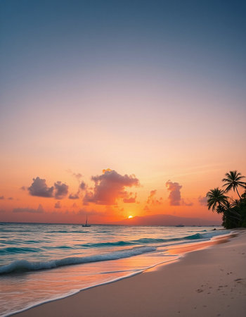 Beautiful tropical beach and sea with coconut palm tree at sunset timeの写真素材