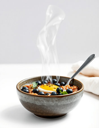 Oatmeal porridge with blueberries and fried egg in a bowlの写真素材