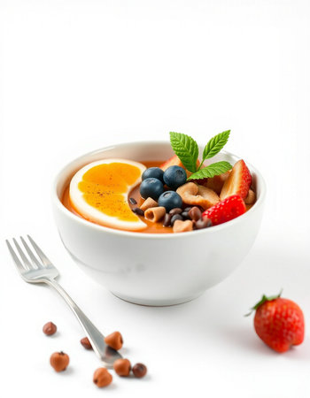 bowl of healthy breakfast with soft boiled egg, berries and nuts on white background