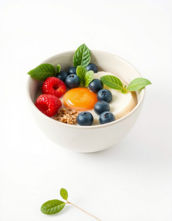 yogurt with fresh berries and egg in a bowl on white backgroundの写真素材