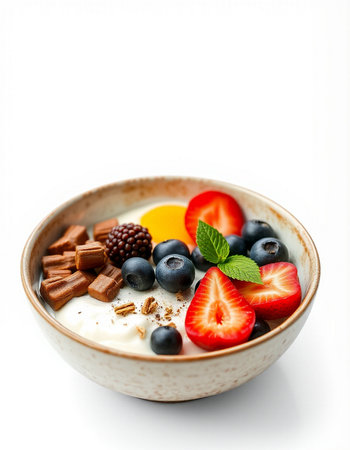 Healthy breakfast with yogurt, berries and oatmeal on white backgroundの写真素材