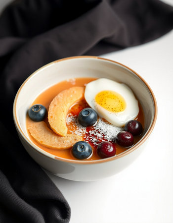 Bowl of soup with berries and egg on white backgroundの写真素材