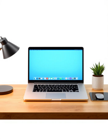 Modern workspace with blank screen laptop on wooden desk, clipping path included