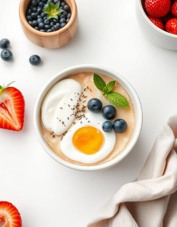 Cup of tasty oatmeal with eggs and berries on white background