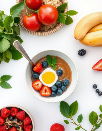 Healthy breakfast bowl with oatmeal porridge, strawberry, blueberry, banana and egg.