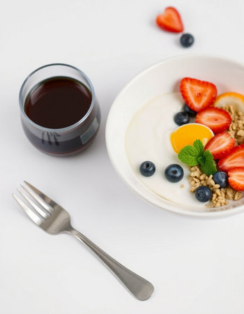Healthy breakfast with yogurt, berries and milk on white background.の写真素材