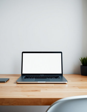 Laptop with blank screen on wooden table in office. Mock upの写真素材