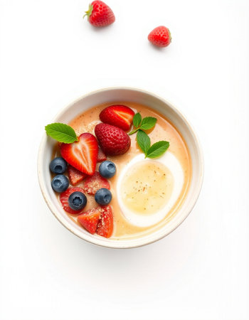 Healthy breakfast bowl with yogurt, berries and egg isolated on white backgroundの写真素材
