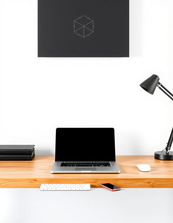 Modern workspace with laptop, smartphone and stationery on wooden desk. 3d render
