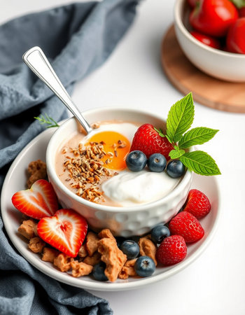 Healthy breakfast with yogurt, berries and granola on a white backgroundの写真素材