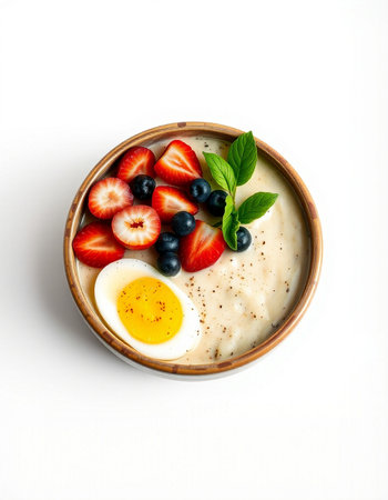 bowl of porridge with fresh berries and egg isolated on white background